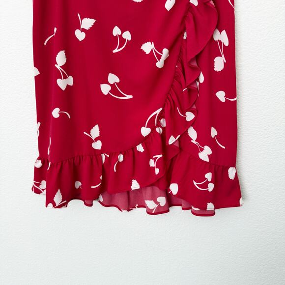 [ModCloth] It's A Wrap Red Cherry Heart Print Ruffle Faux Wrap Midi Skirt Sz 12 - Picture 5 of 11